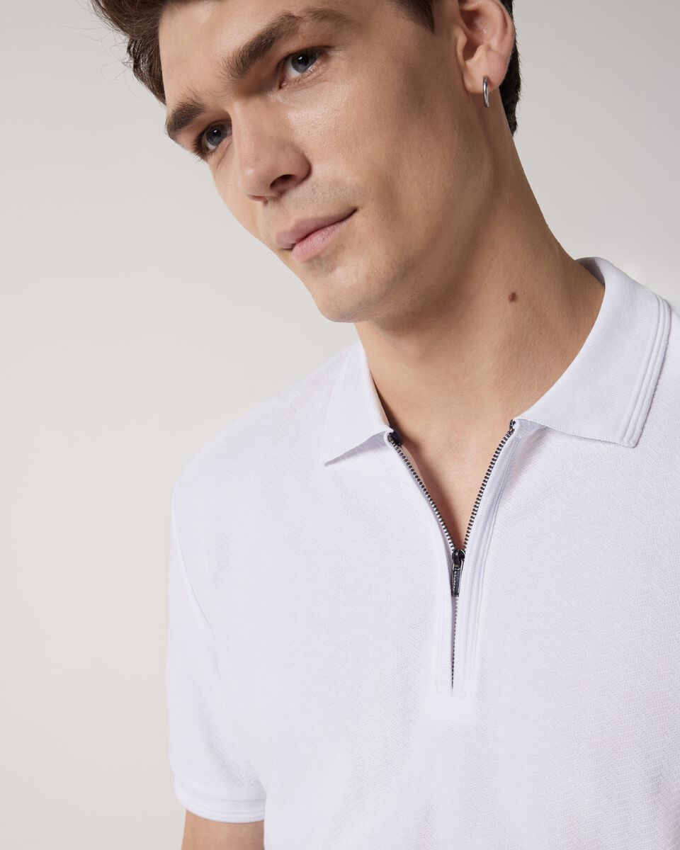 Textured Zip-up Polo, White, hi-res